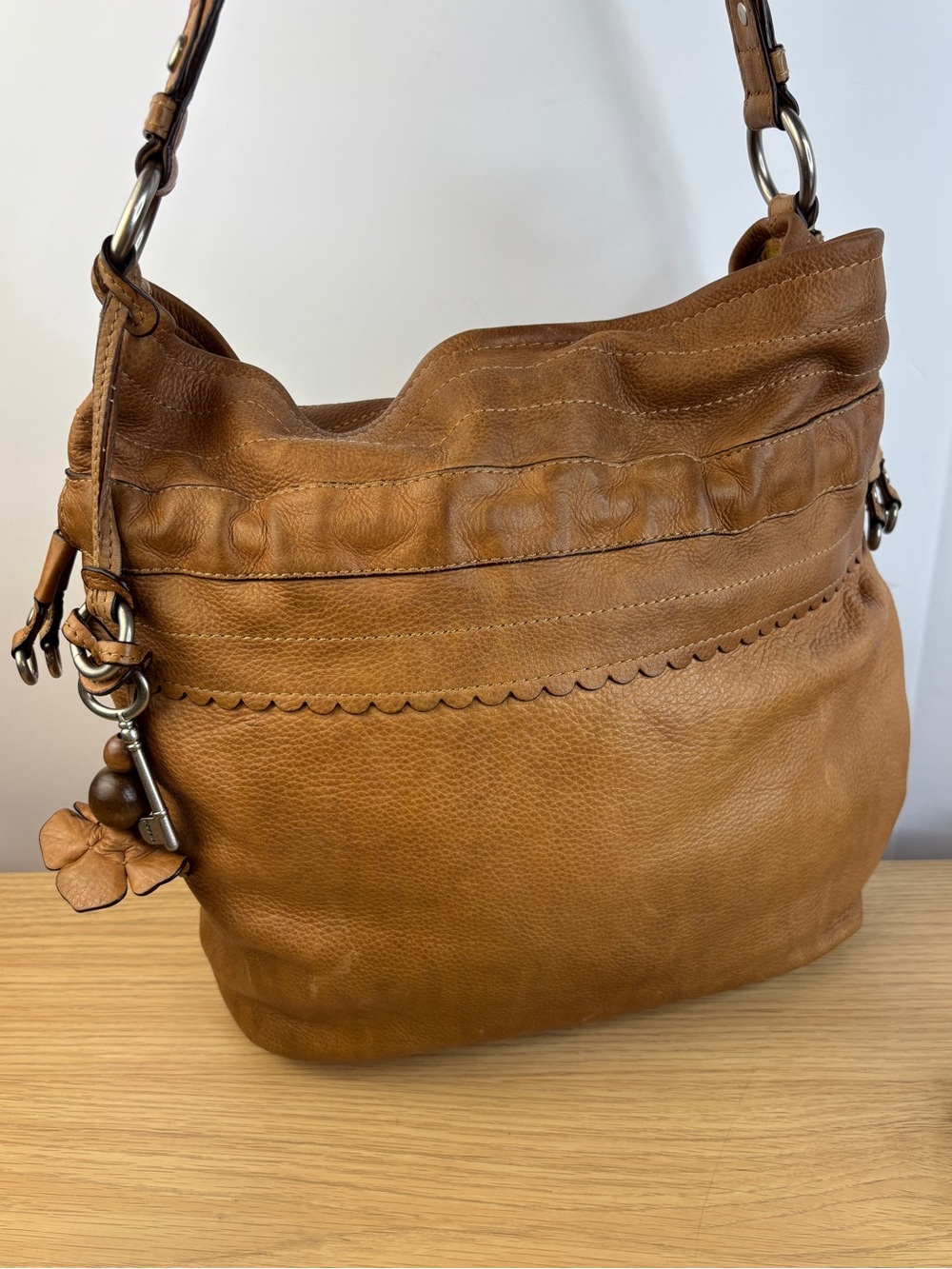“Long Live Vintage 1954” Vintage Fossil Soft Brown Leather Flower w/Beads Tassel